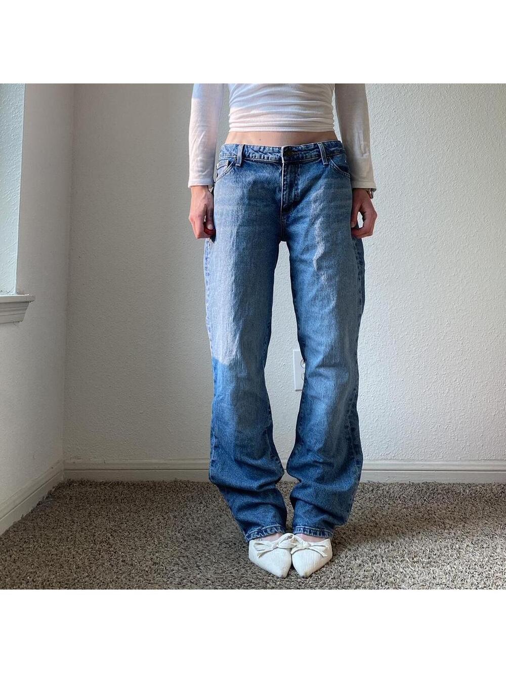 Vintage y2k low rise wide leg long baggy light wash faded denim blue jeans jean